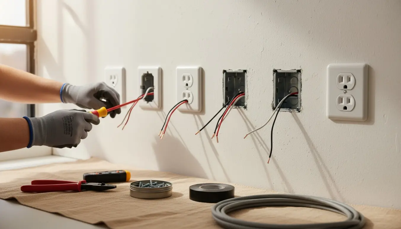 Hænder monterer flere nye stikkontakter på en væg med værktøj i forgrunden.