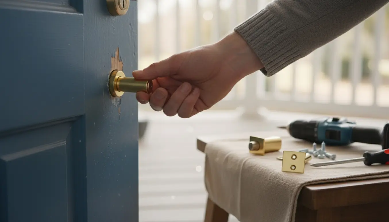Hænder udskifter en ny låsecylinder på hoveddøren med værktøj og låsekomponenter ved siden af.