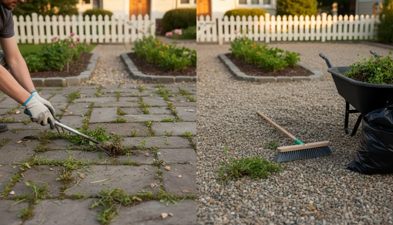 Hænder fjerner ukrudt mellem fliser og i grusindkørsel med haveredskaber, med ryddet og uryddet område til sammenligning.