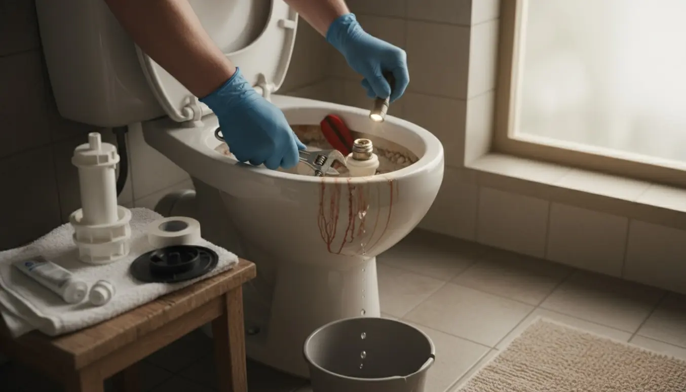 Hænder i handsker reparerer en åben toiletcister i et ældre badeværelse med værktøj og en spand til dryp.