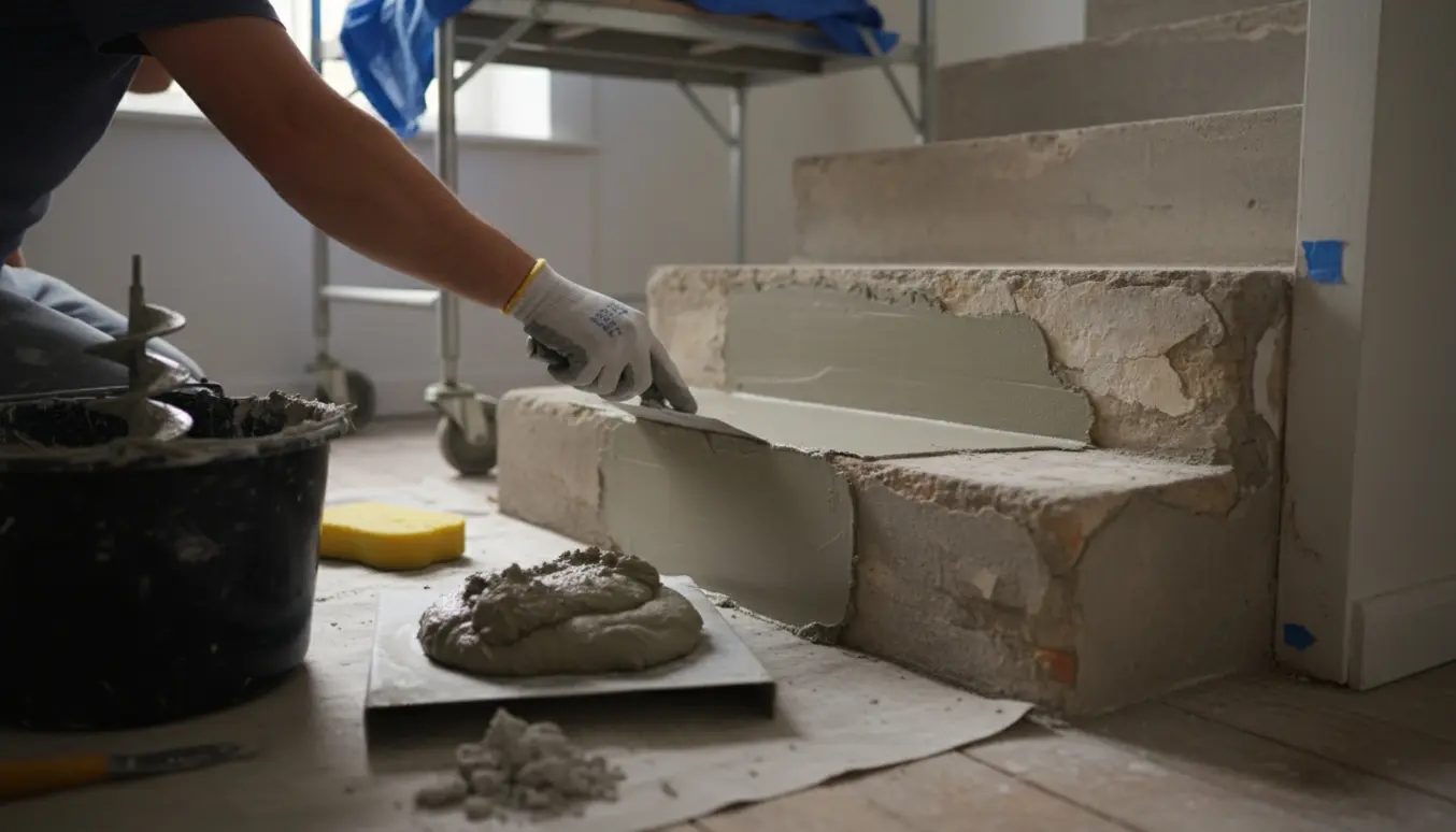 Hænder pudser en trappe med frisk mørtel, med værktøj og materialer ved siden af.