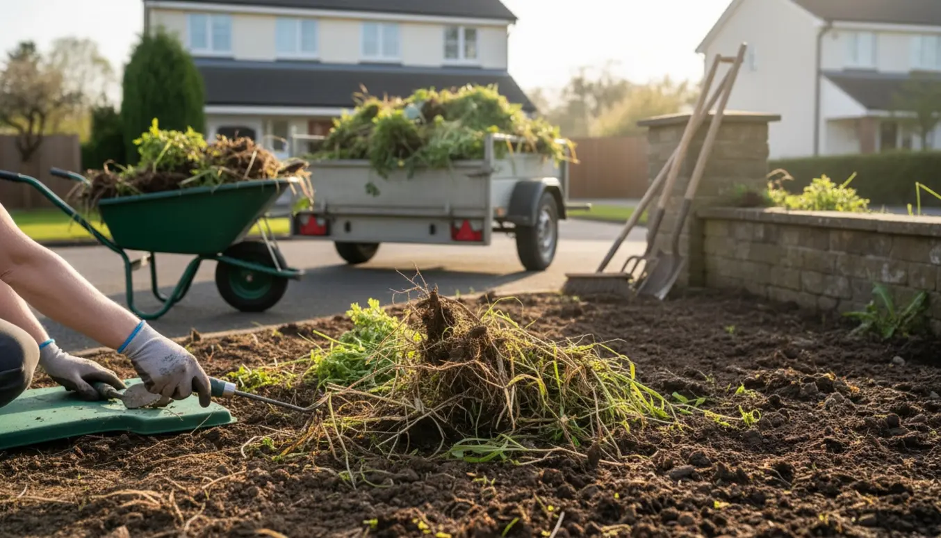 Rydning af et mellemstort havebed med ukrudt samlet i en trillebør og en trailer klar til at køre væk.