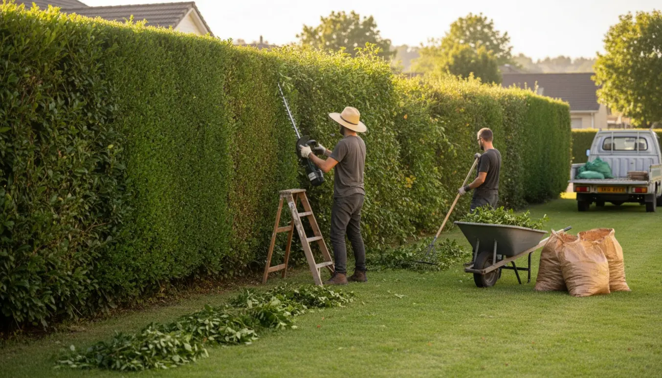 En gartner klipper toppen og siden af en lang hæk, mens afklip samles i trillebør og affaldssække.