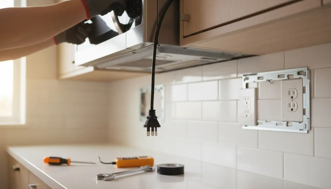 Ny mikrobølgeovn holdes på plads i køkkenet mens stik og stikkontakt ikke passer sammen.