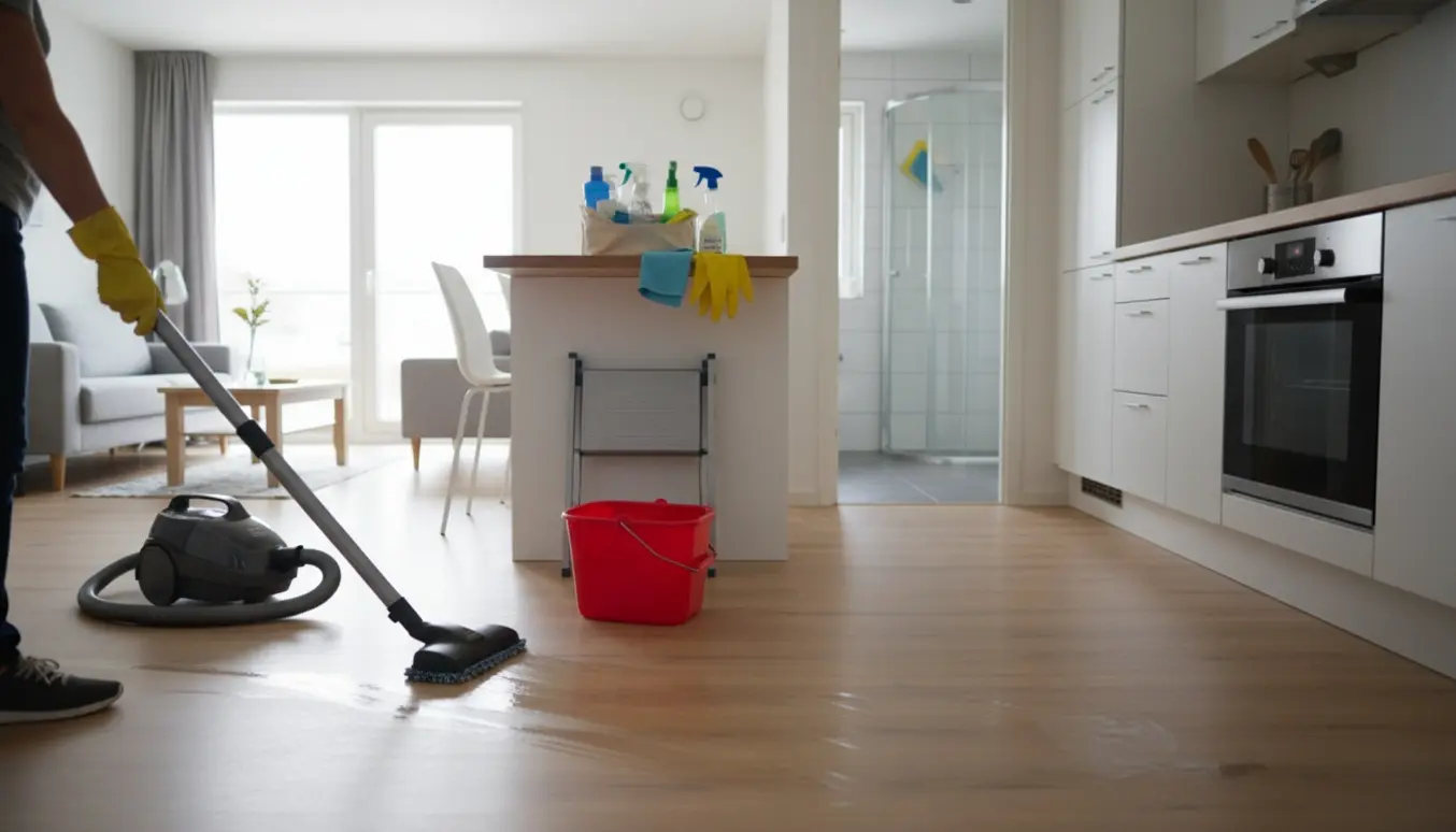 En handskepræget rengøring af et lyst rækkehus køkken og stue med moppe, støvsuger og rengøringsmidler.