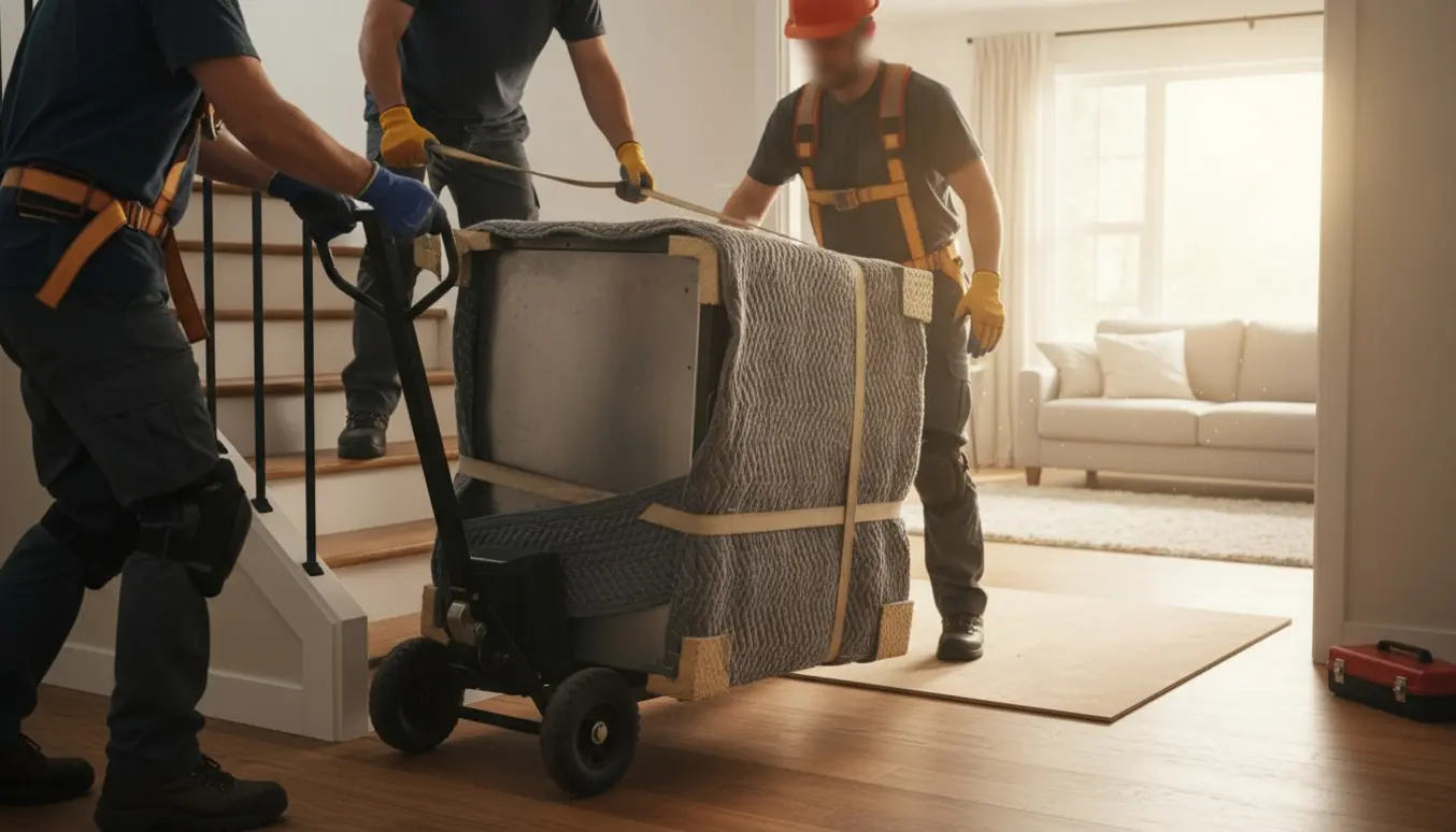 Tung maskine bæres forsigtigt ned ad en almindelig trappe med dolly og løftestropper, ansigter ikke synlige.
