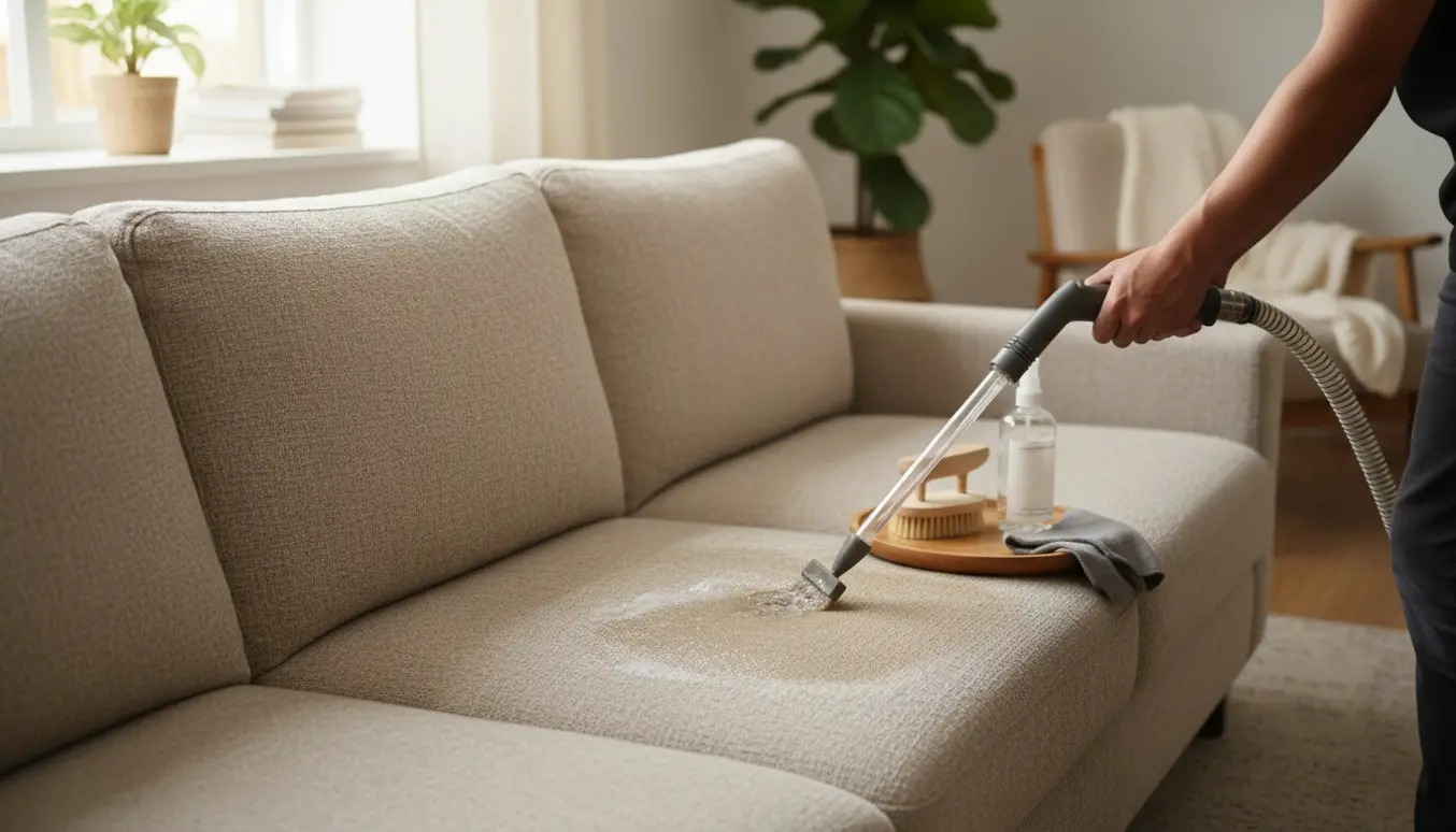 Professionel rensning af en stor stofsofa med en rensemaskine og synligt før- og efter-resultat.
