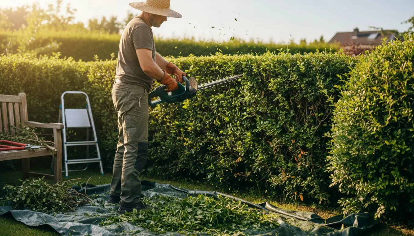 Person trimmer en hæk, toppen er klippet ned og afklip ligger på en presenning.