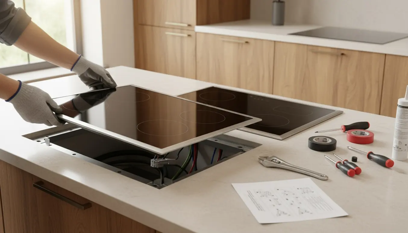 Afmontering af en induktionskogeplade og forberedelse til montering af en glaskeramisk kogeplade i et lyst, moderne køkken.