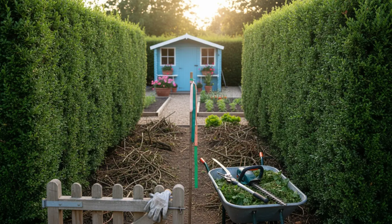 Kolonihave med nyslåede hække på to sider og nedskårne brombær på den ene side, haveredskaber i forgrunden.