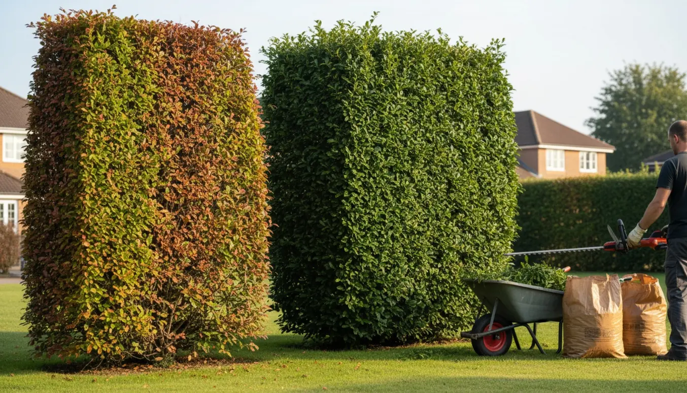 To nysnipede hække (bøg og ligustrum) med en person set bagfra og haveaffald i sække klar til bortkørsel.
