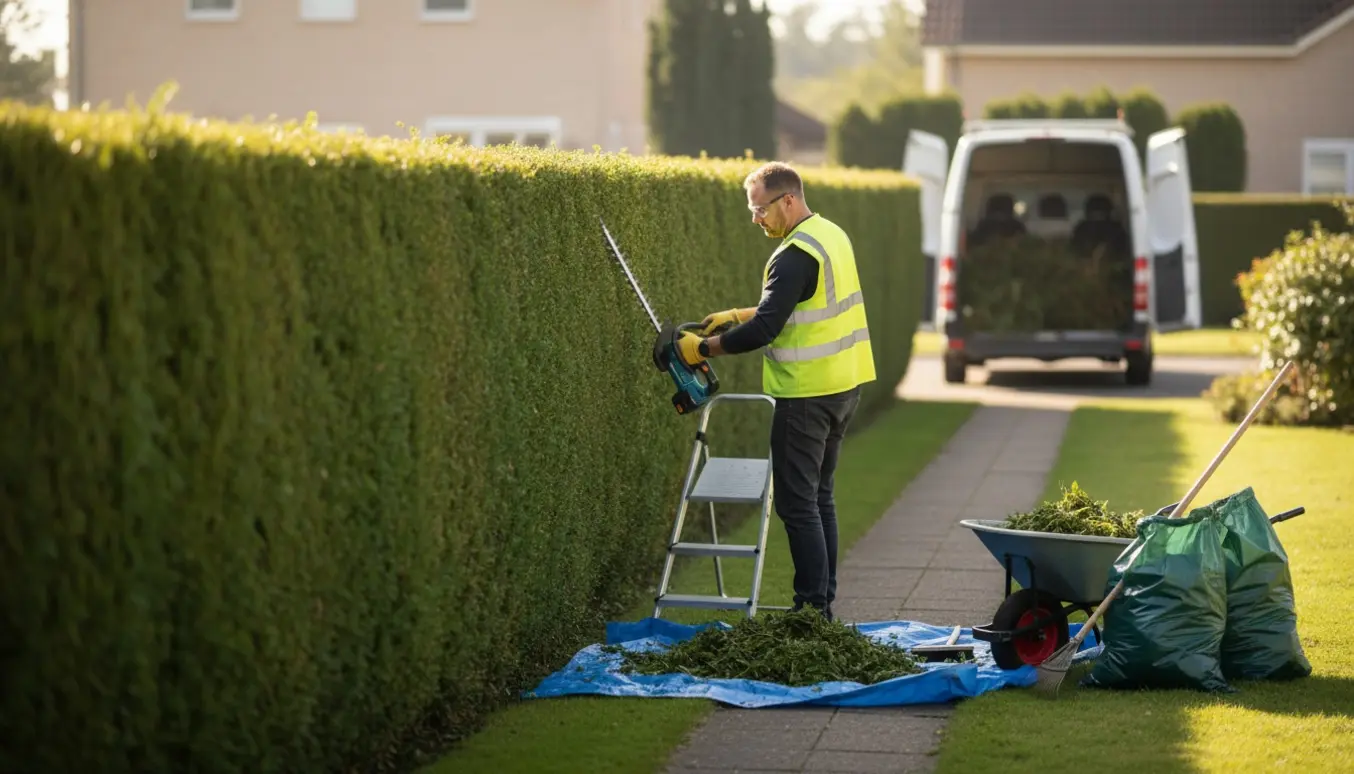 En håndværker trimmer en lang, cirka 2 m høj hæk, mens afklip samles i trillebør og en u- mærket varevogn læsses.