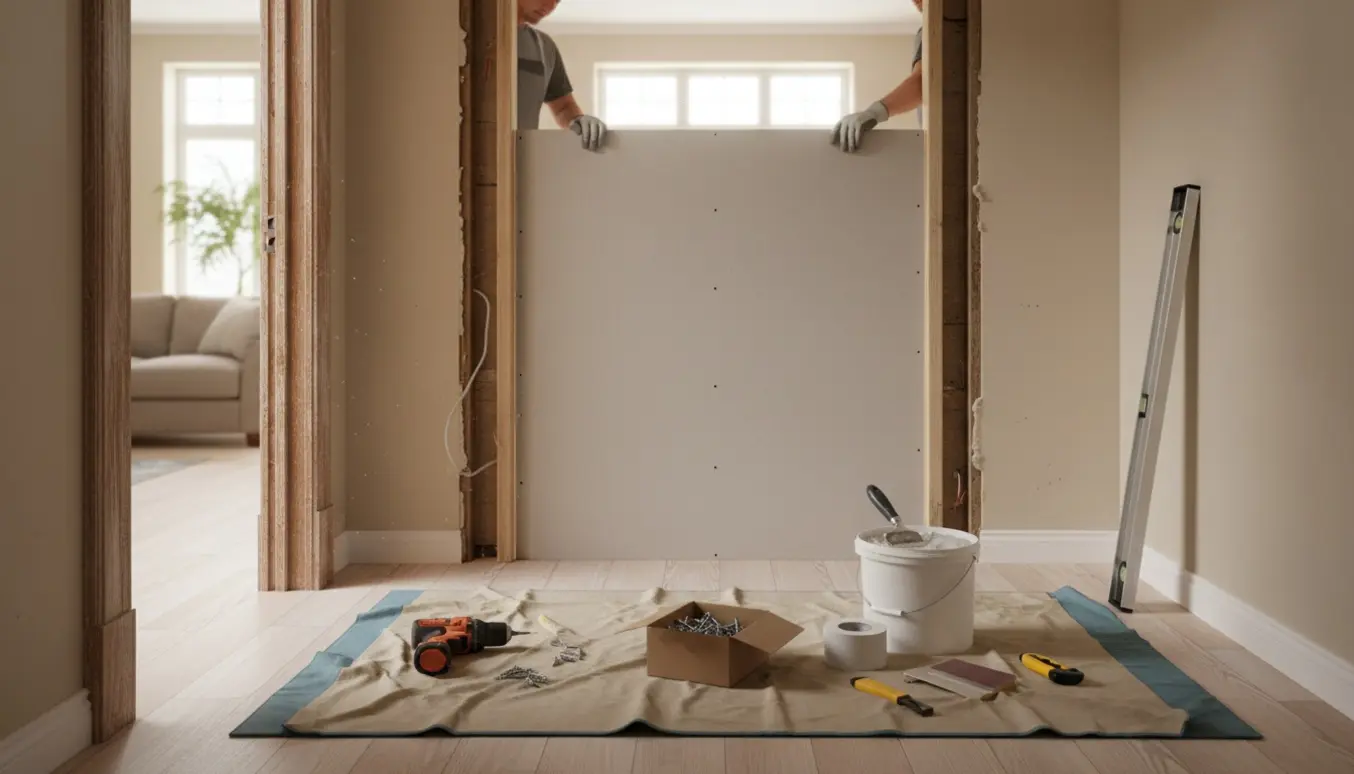 Døråbning mellem entre og stue blændes med gips, værktøj og hænder i fokus.