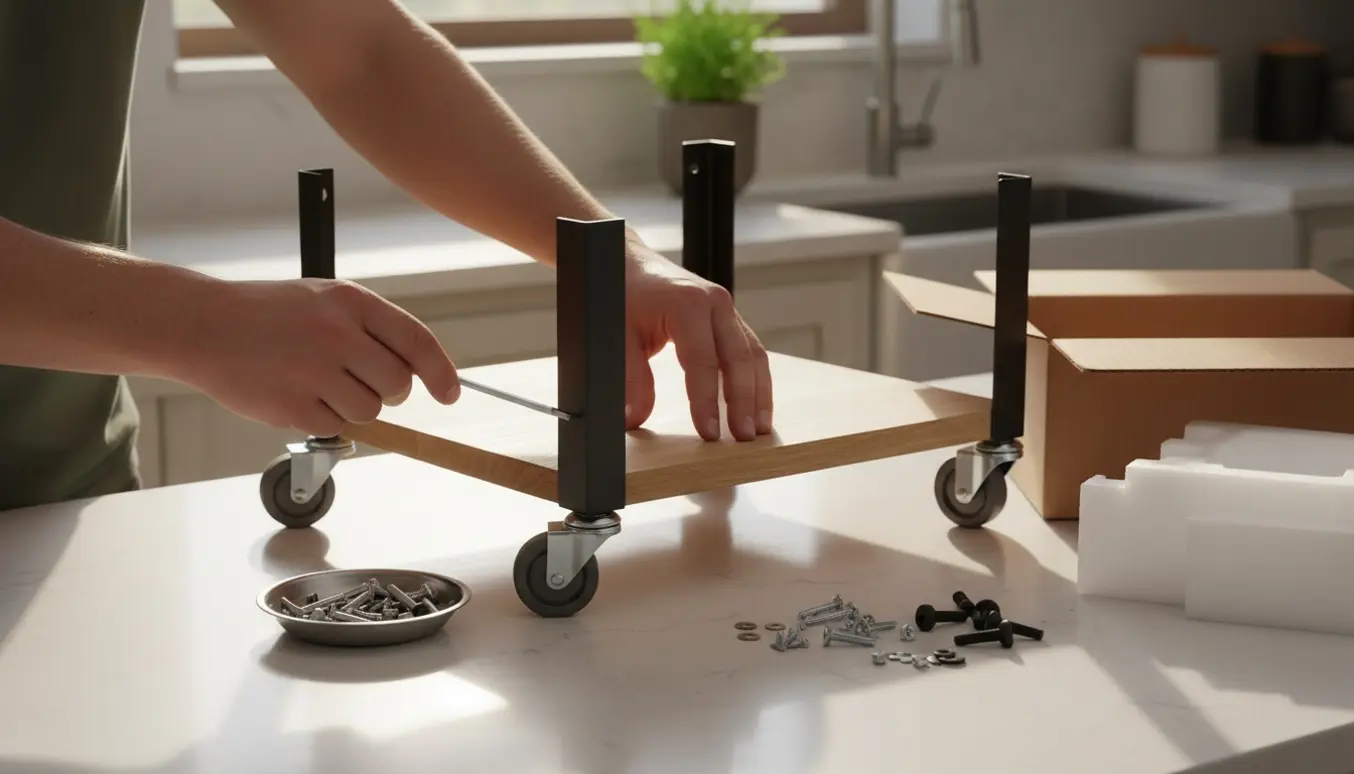 Delvist samlet køkkenvogn på køkkenbord, hænder bruger unbrakonøgle til at montere hjul og hylder.