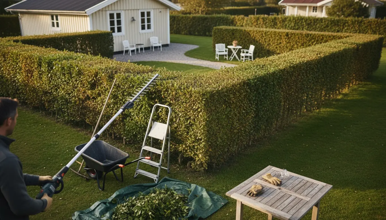 Hækklipning ved et fritidshus i Hedehusene med en høj 2,5 m hæk, hækkeklipper og afklip samlet på en presenning.