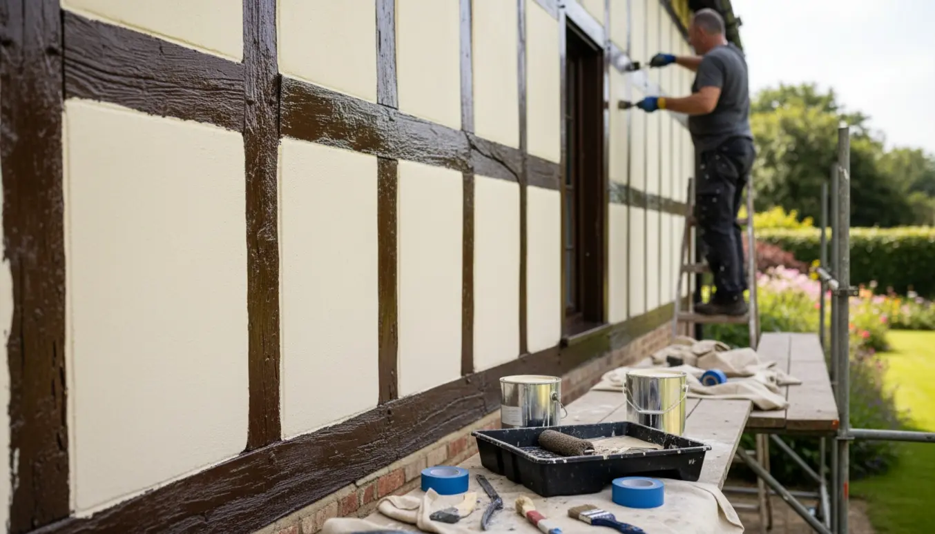 Udvendigt bindingsværkshus under maling med malerbøtter og pensel, ansigt ikke synligt.