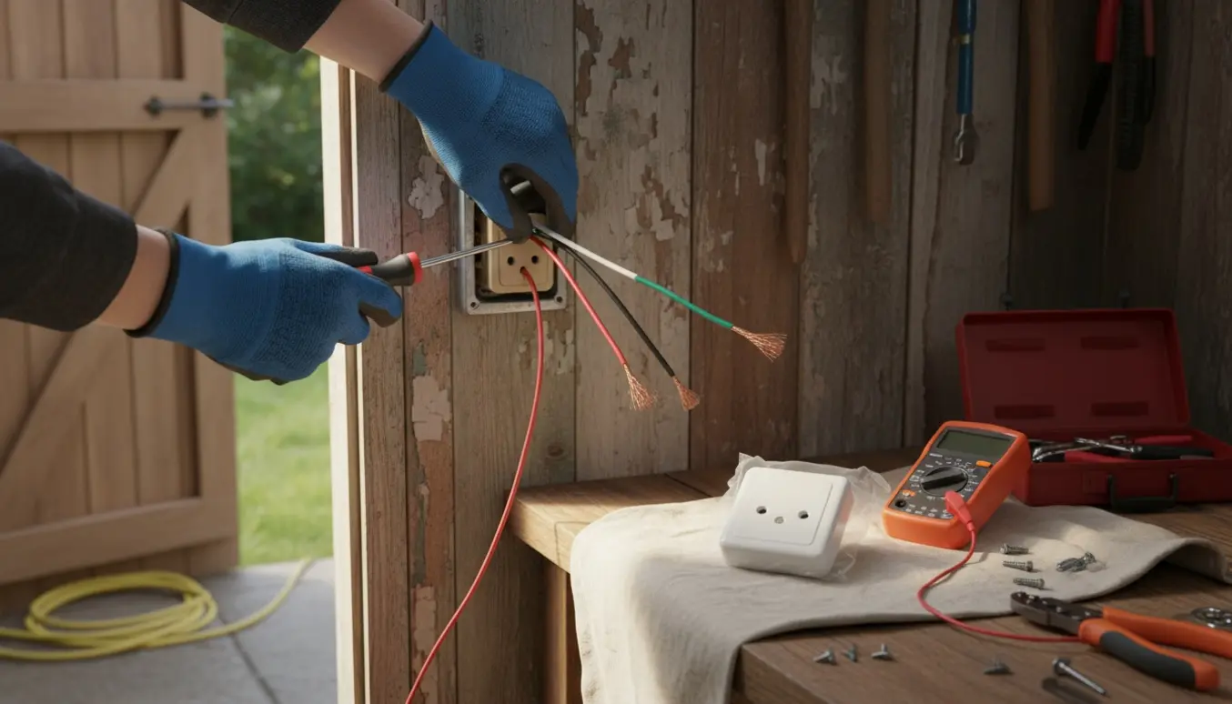 Nærbillede af hænder der udskifter en stikkontakt i et skur ved garagedøren med værktøj på et arbejdsbord.