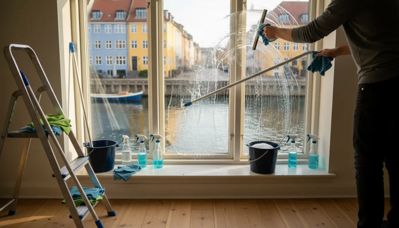 Hænder pudser store lejlighedsvinduer med udsigt over Christianshavns kanal og rengøringsudstyr på vindueskarmen.