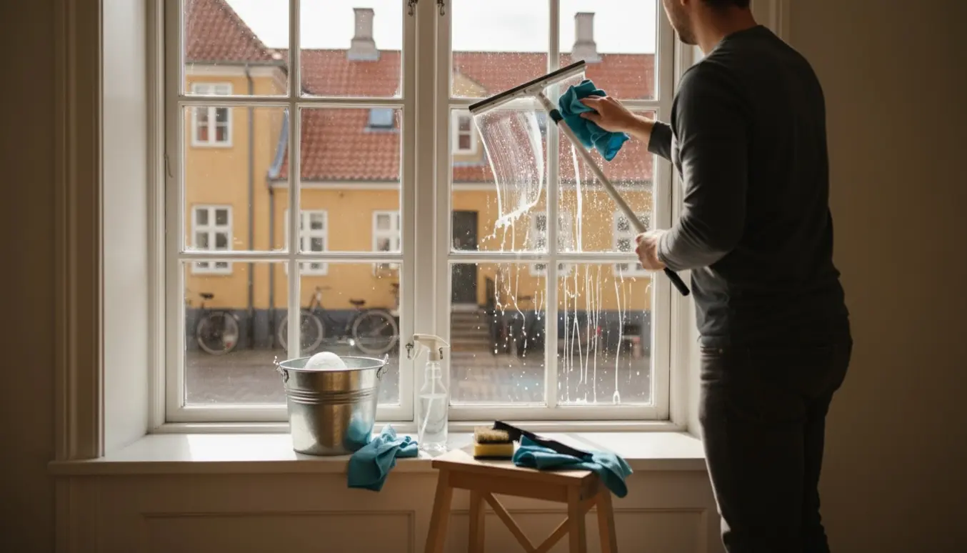 En person pudser vinduer indvendigt på 1. sal i København med skraber, klud og spand, uden at ansigtet ses tydeligt.