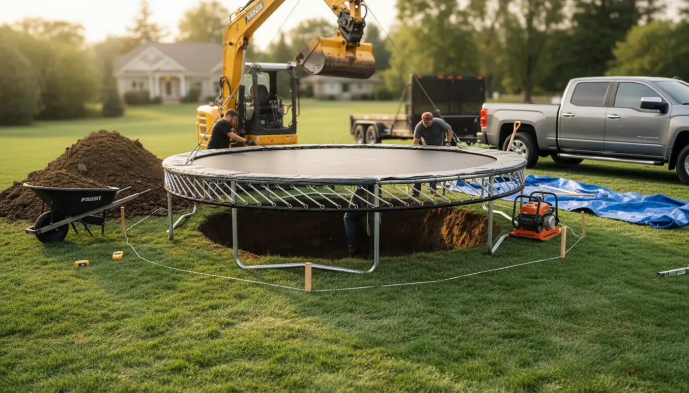 Stor oval trampolin sænkes ned i en have i et rundt hul med jordbunker, skovle og vogn klar til bortkørsel.