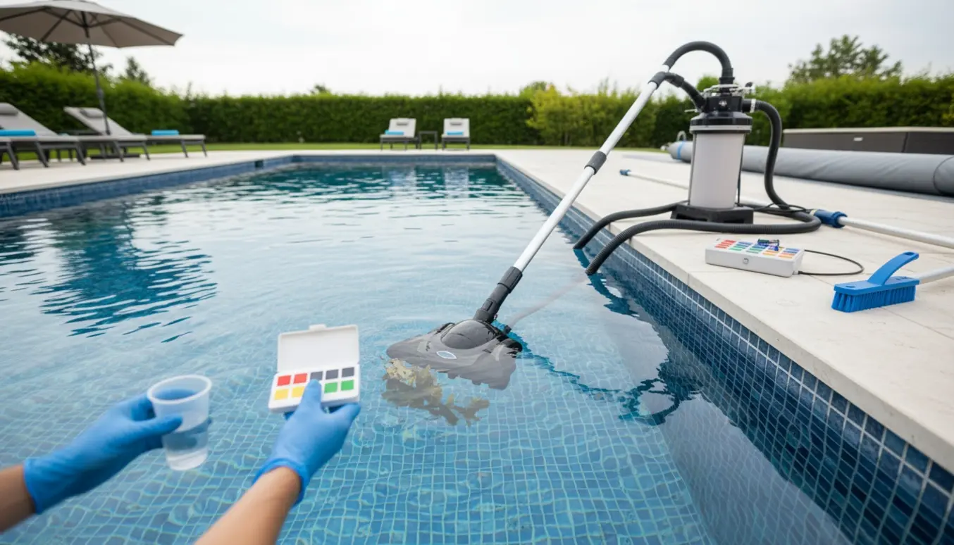 Udsnit af en baghavepool, hvor handsker holder vandprøve og udstyr som skimmer, støvsuger og filter til rensning.