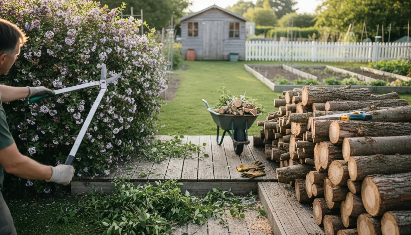 Person beskærer buske på en træperron i en kolonihave med en lang bunke nysavede træstammer ved siden af.
