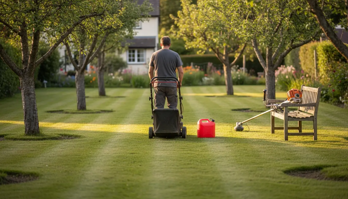 Person slår en flad, mellemstor græsplæne med plæneklipper og kører rundt om flere frugttræer.