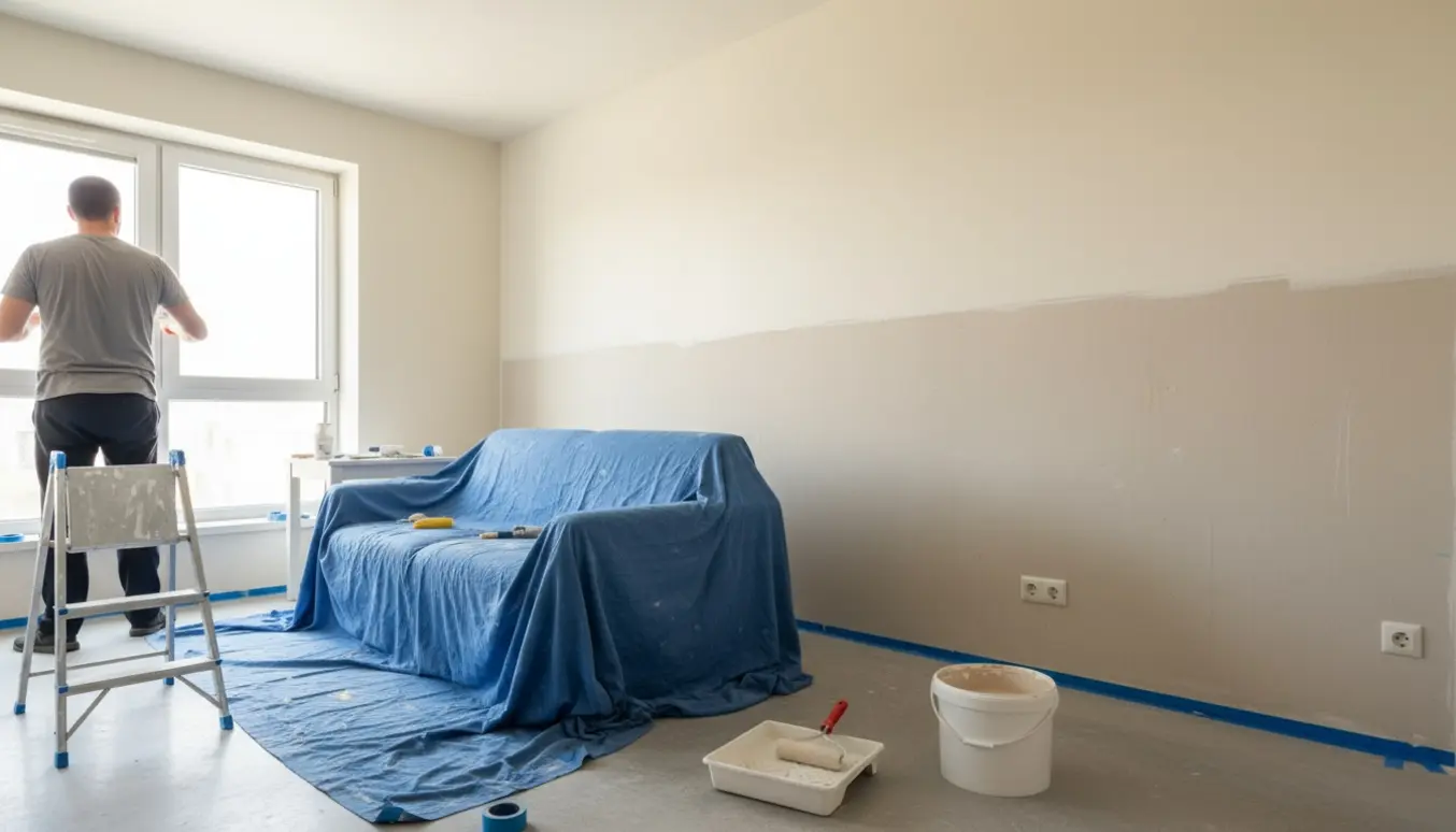En maler ruller maling på en gipsvæg i en lys lejlighed, med afdækningsdug, spand og stige i rummet.