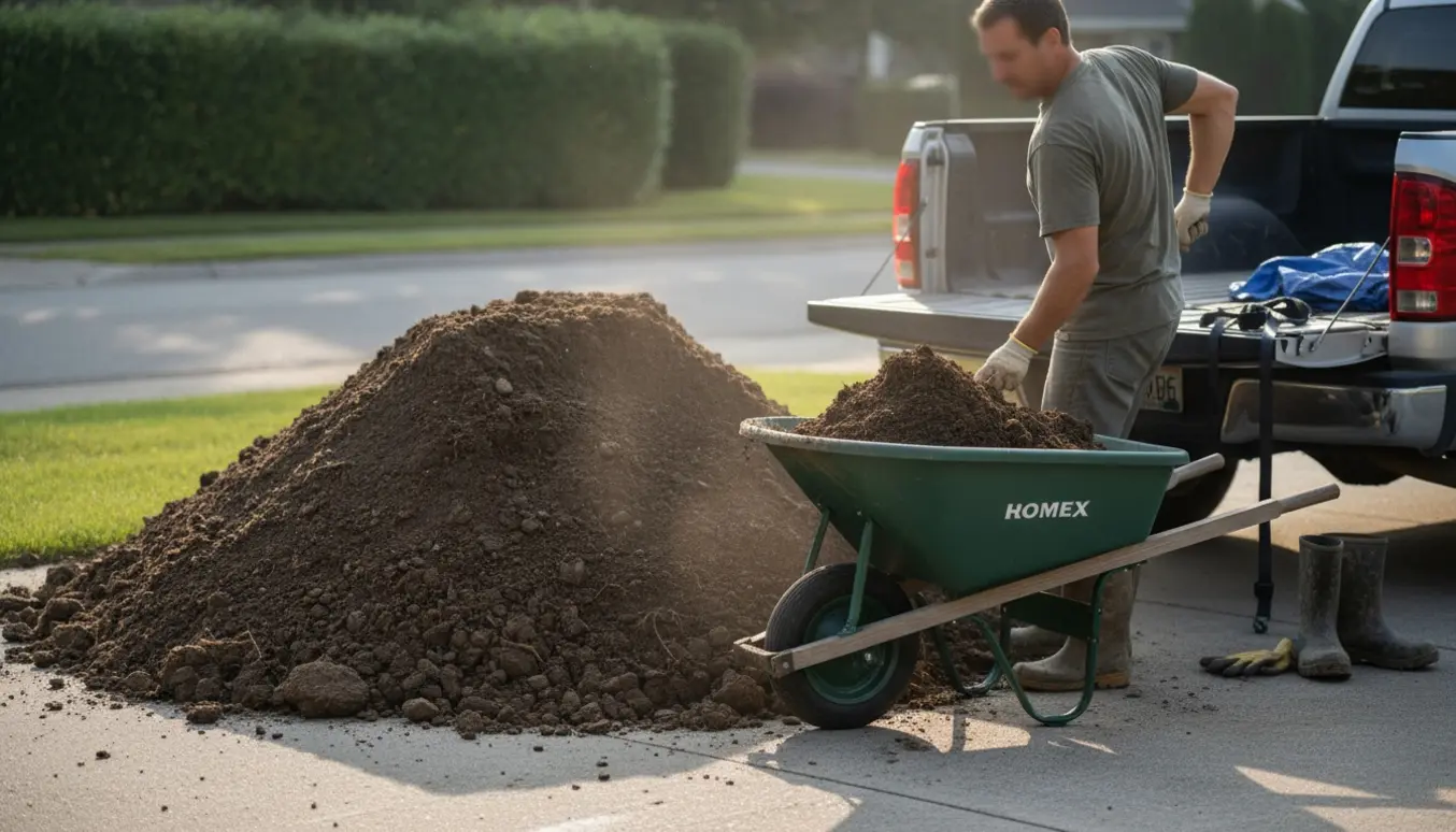 Person læsser en stor bunke havejord i en trillebør ved en indkørsel klar til afhentning.