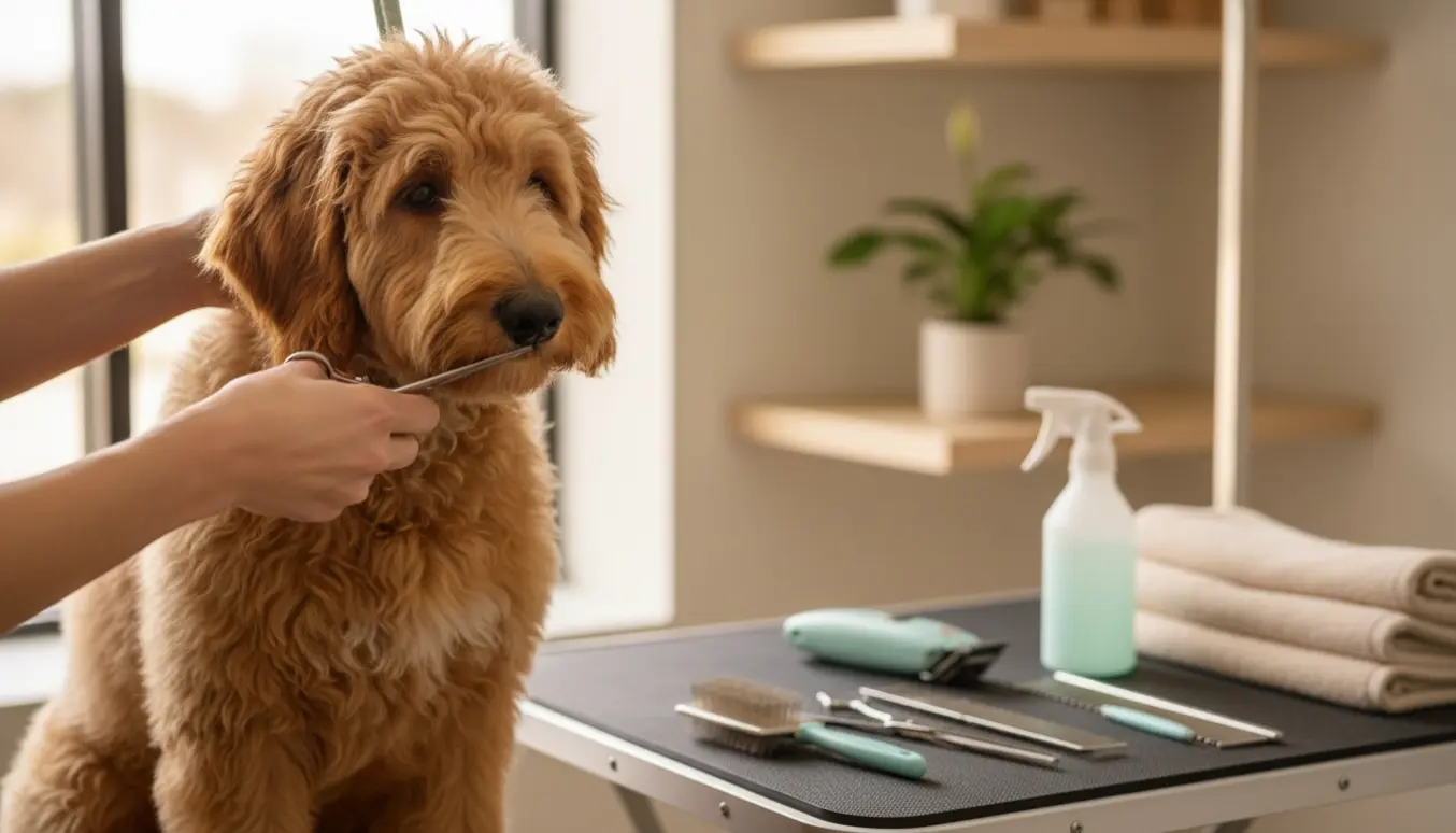 Ung mellemstor Goldendoodle bliver trimmeret på et professionelt groomingbord, kun frisørens hænder er synlige.