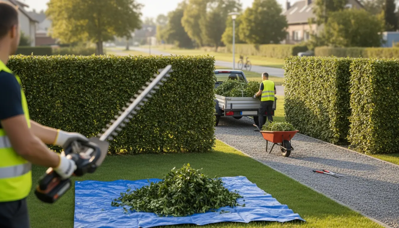 Ryggen af en håndværker, der klipper bøgehæk og ligusterhæk med klippeaffald klar til pålæsning på trailer.