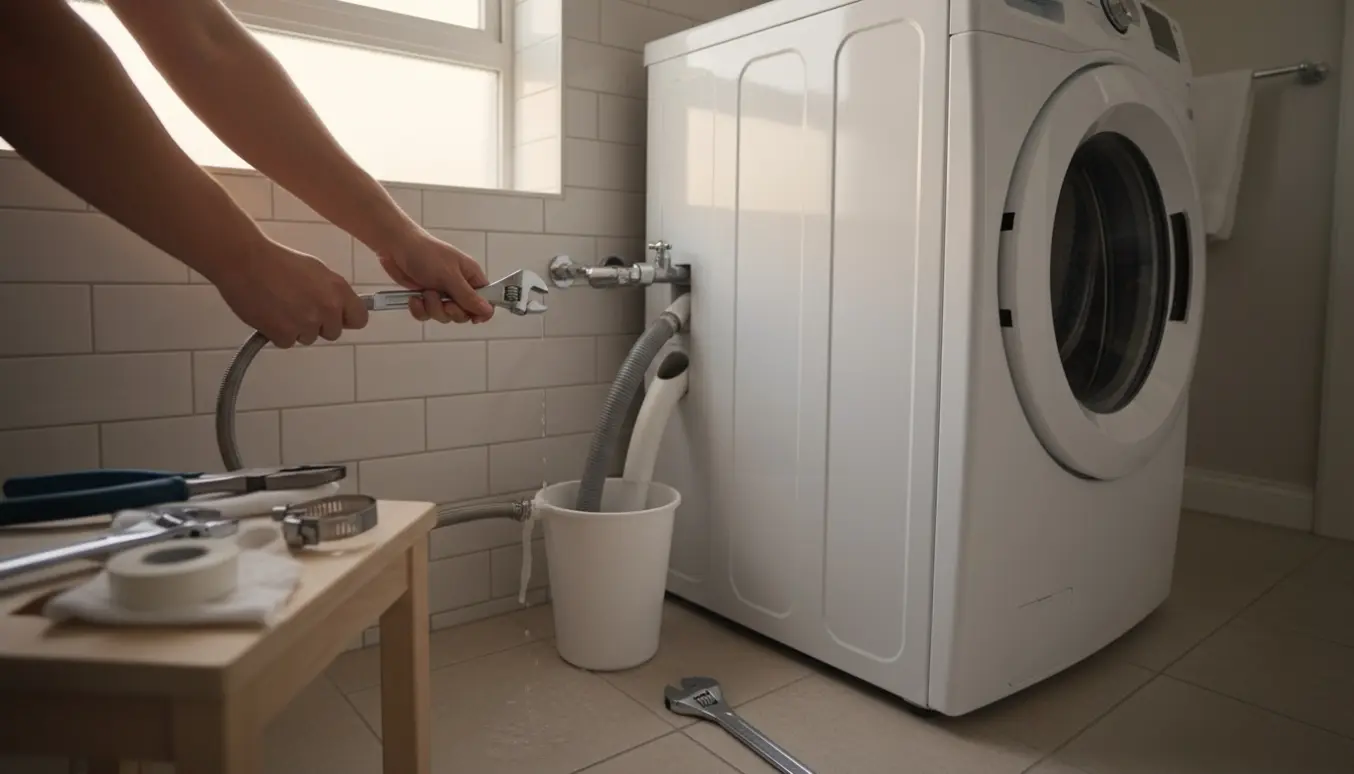 Nærbillede af hænder, der tilslutter en hvid frontbetjent vaskemaskine til vand og afløb i et flisebadeværelse.
