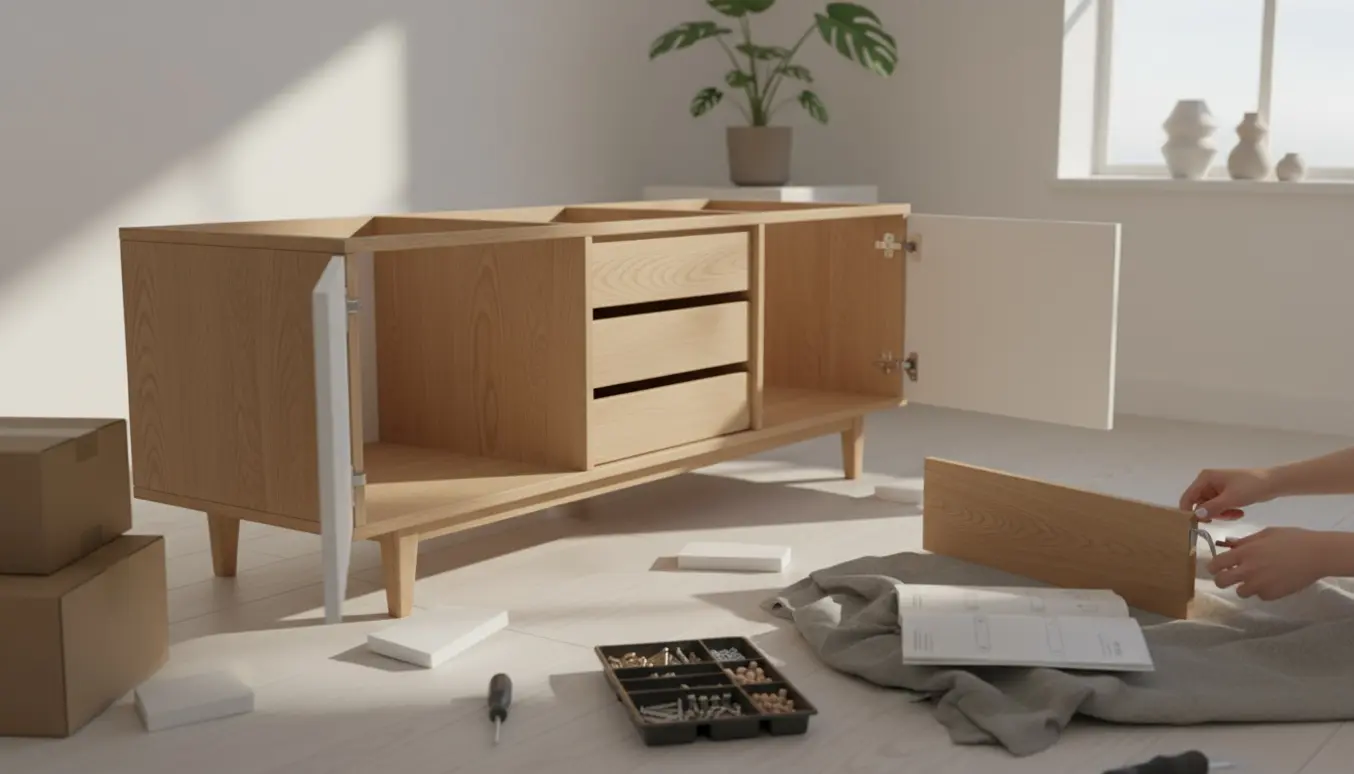 Delvist samlet skænk i lyst træ med værktøj og monteringsvejledning i en lys, minimalistisk stue.