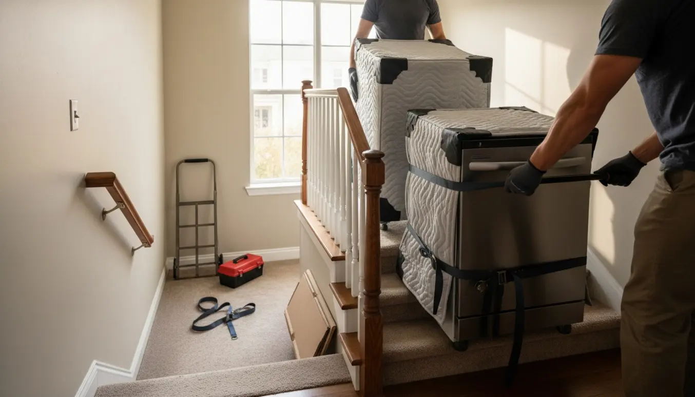 To personer transporterer en opvaskemaskine og en vaskemaskine i en lejlighedsopgang uden synlige ansigter.