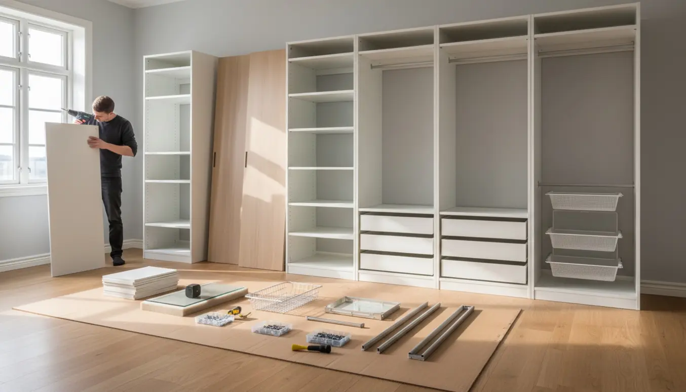 Delvist samlet PAX-garderobeskab med hylder, skuffer og værktøj i et lyst soveværelse.