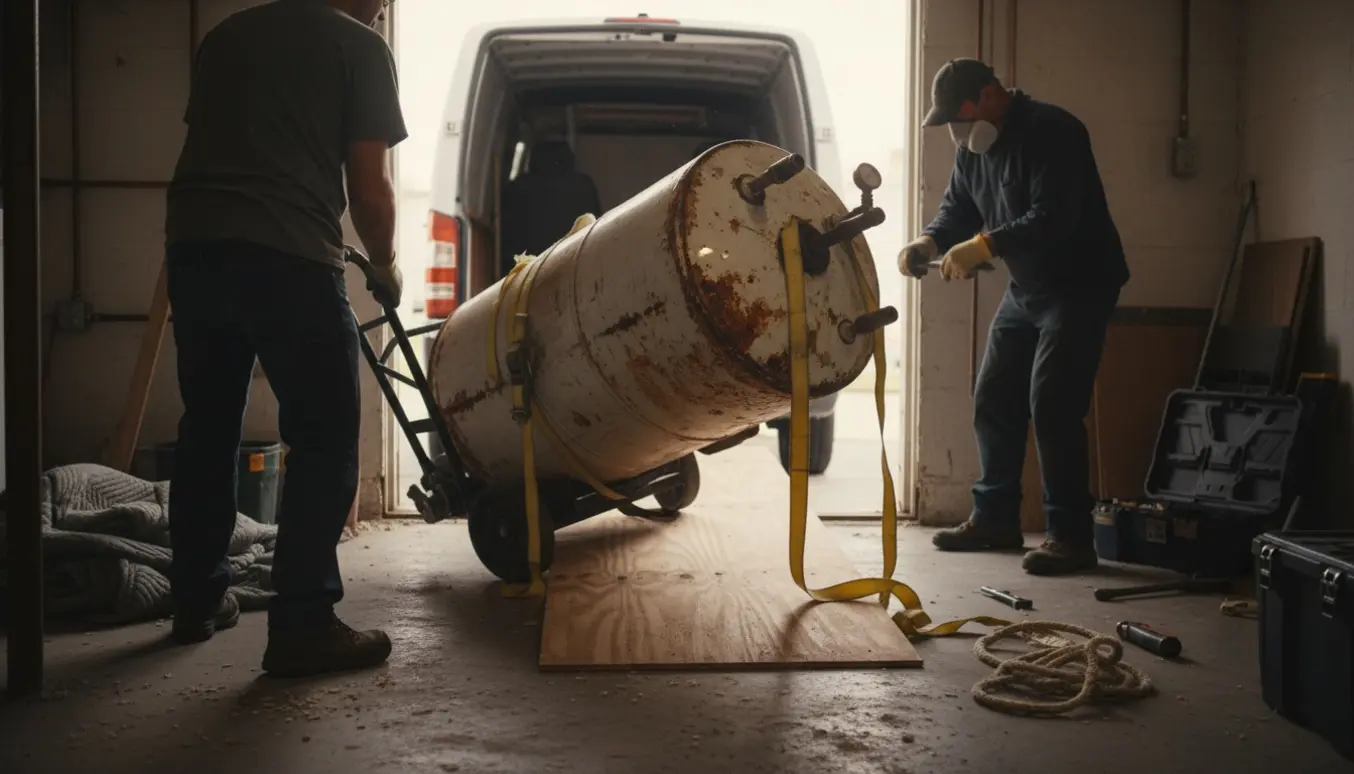 Gamle, rustne varmtvandsbeholder på tralle mens arbejdere uden tydelige ansigter fører den ud mod en varevogn.