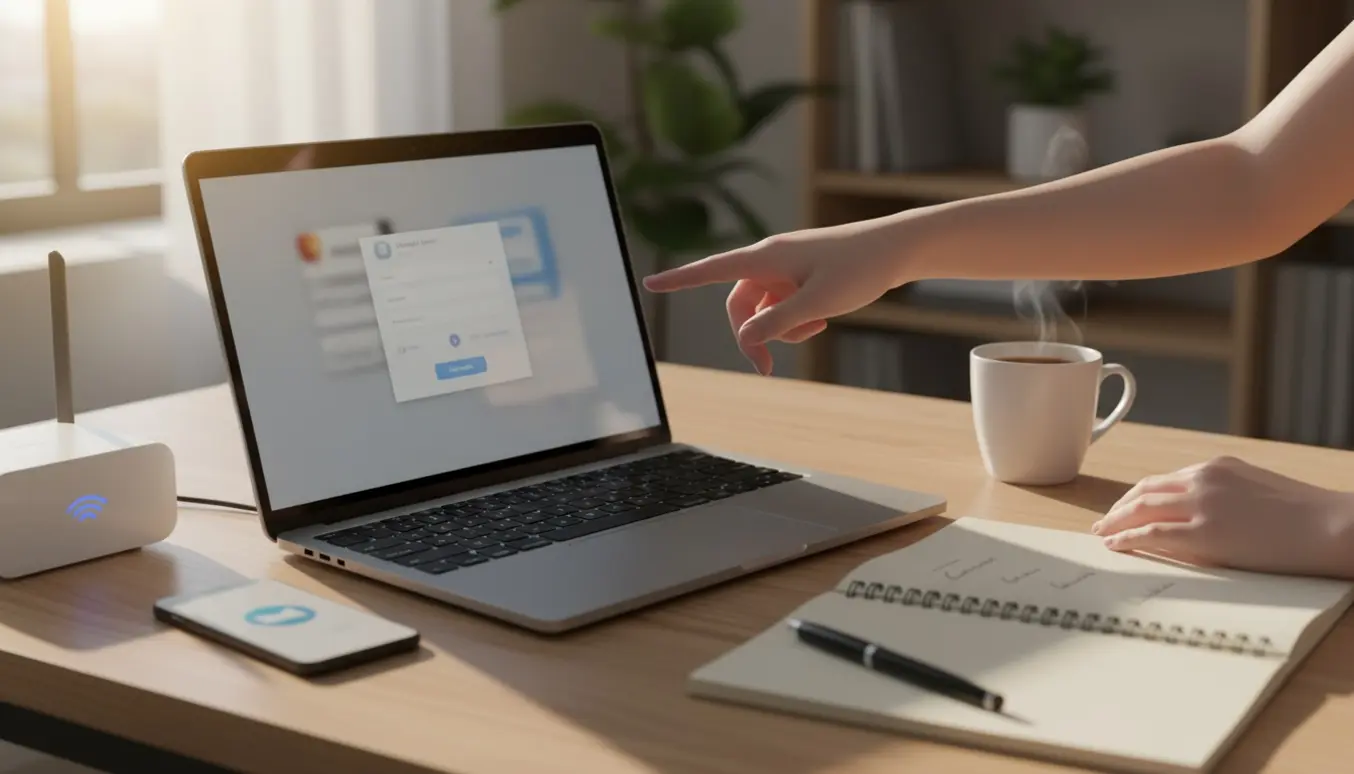 En bærbar på et skrivebord med e-mailopsætning på skærmen og en hånd, der konfigurerer kontoen, uden synlige ansigter.