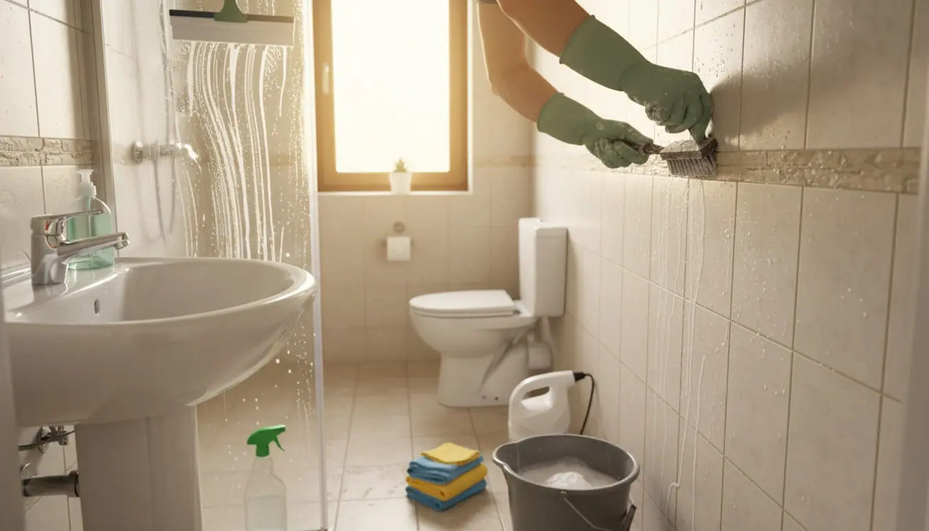 Grundig rengøring af et lille badeværelse med handsker, børste og rengøringsredskaber.