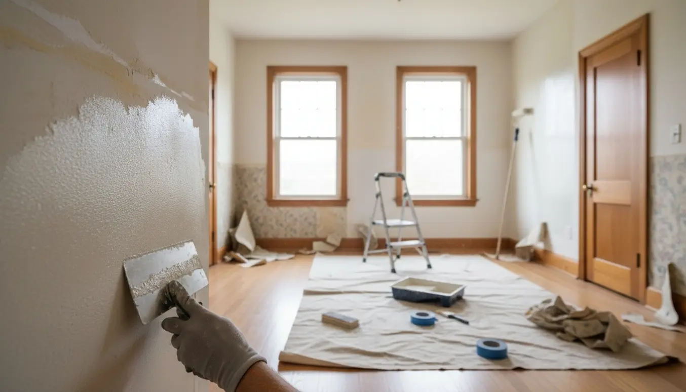 Lyst rum med to døre og to vinduer, hvor vægge spartles og males med spartel og malerrulle.