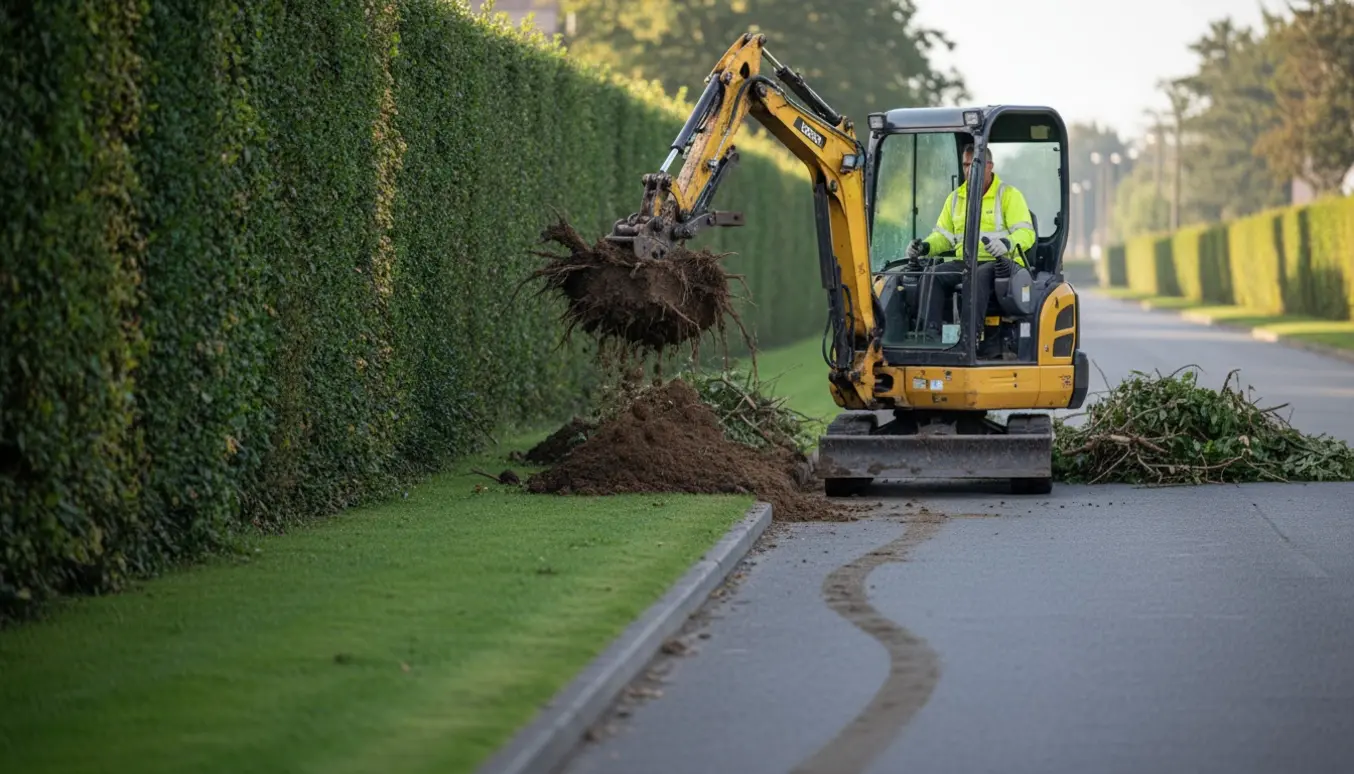 Gravemaskine opskærer en bred, næsten 2 m høj hæk langs asfaltvej med rodklumper og jord ved en grøn græsplæne.