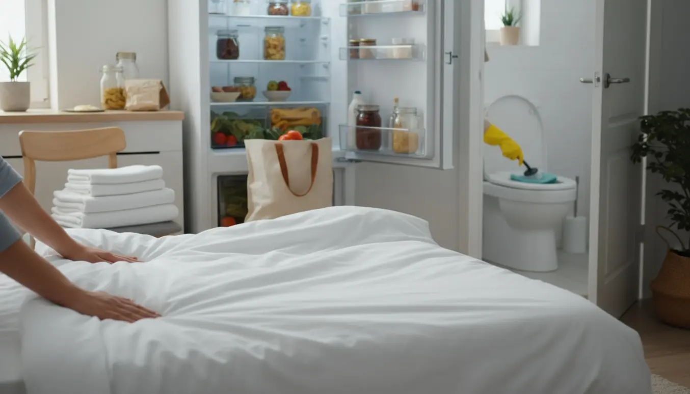 Hænder skifter rent sengetøj i et lyst hjem med åben køleskab og en handskebeklædt hånd, der rengør toilettet i baggrunden.
