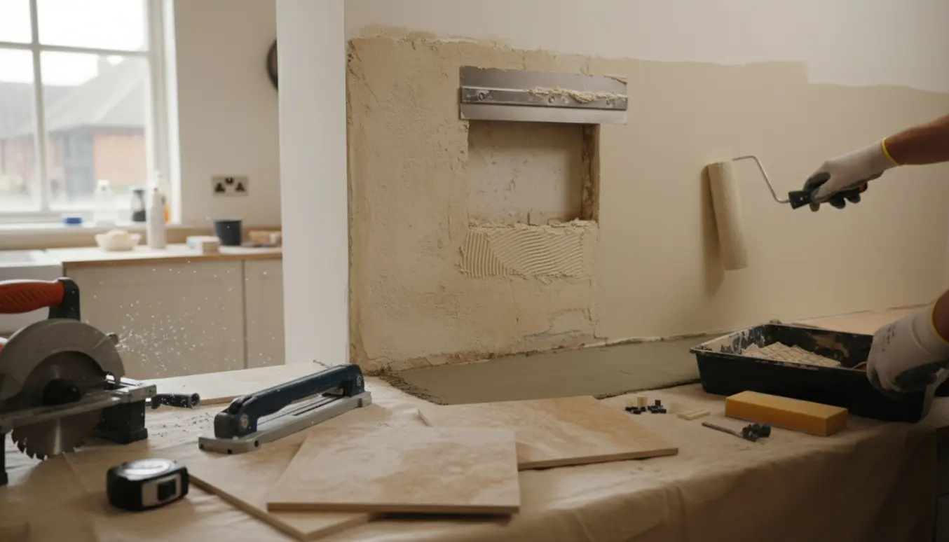 Reparation og maling af en væg efter fjernet gaskabinet med tilskårne travertin fliser klar til lægning.