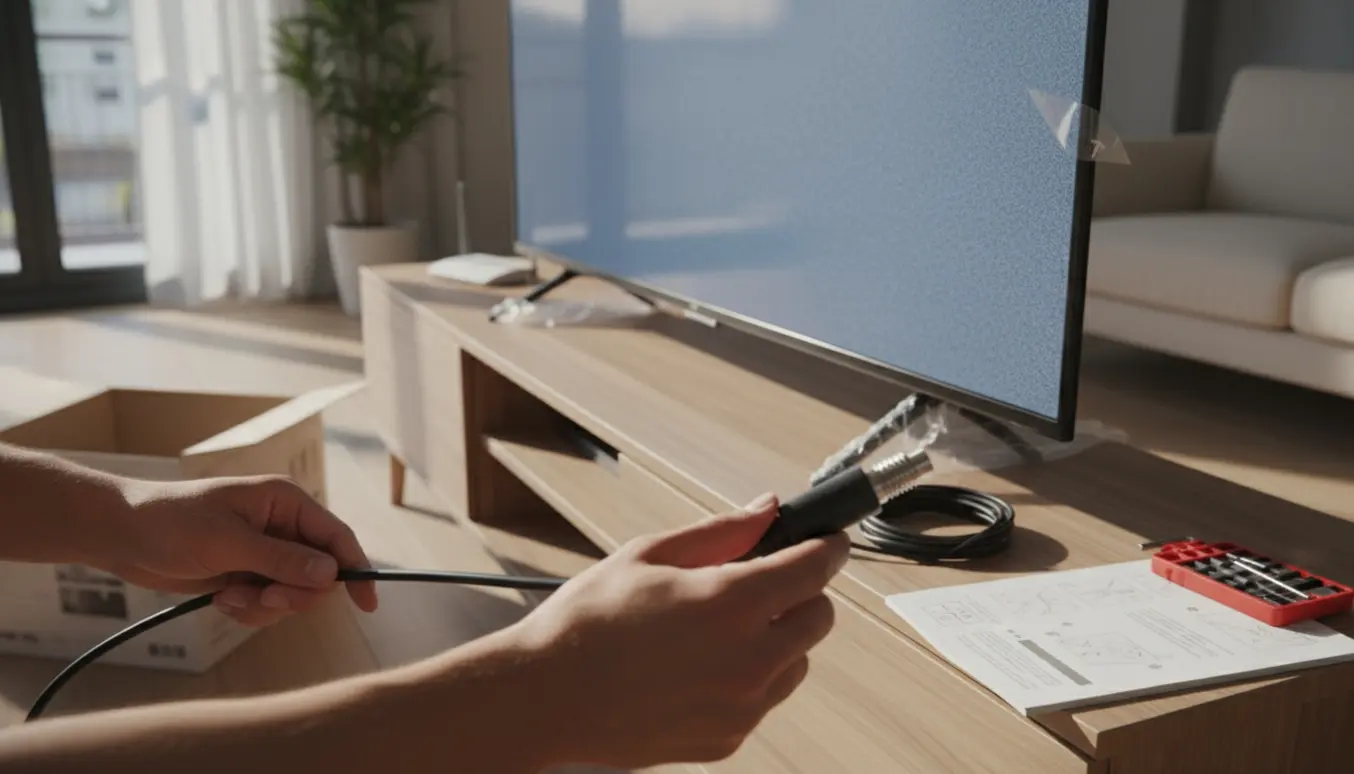 Hænder tilslutter coax-kabel til et nyt fladskærms-tv i en lys stue.