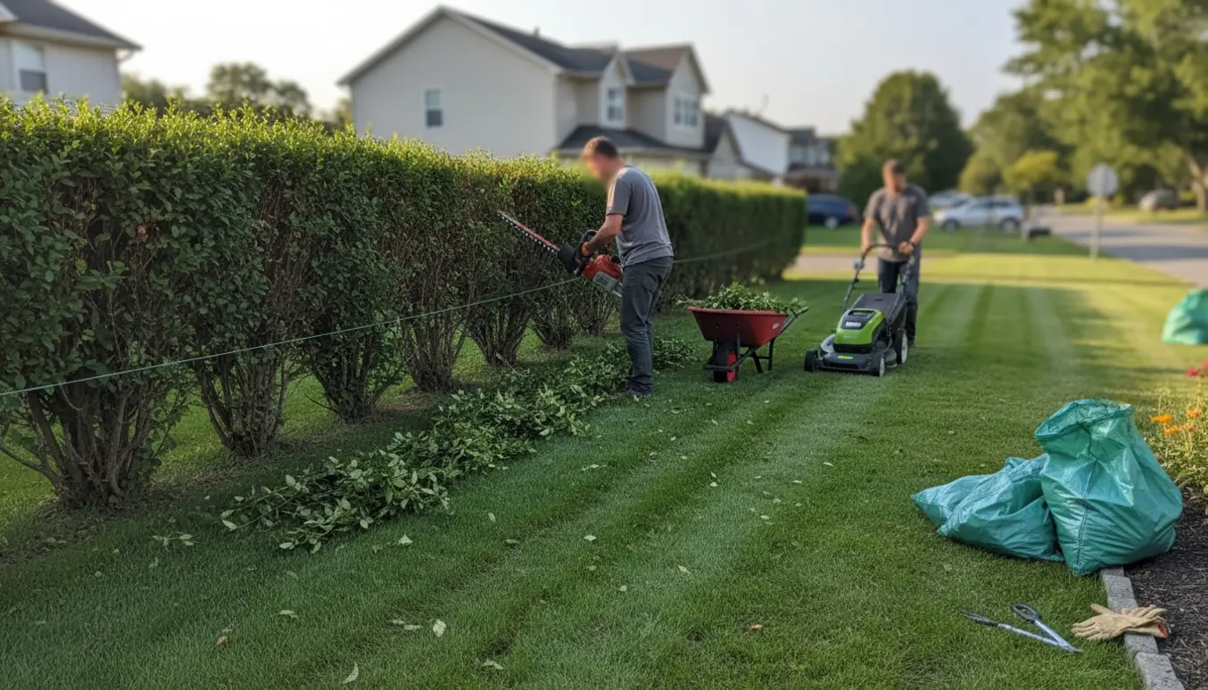 Hækkeklipning mod vejen og græsslåning ved et hus med afklip samlet i sække.