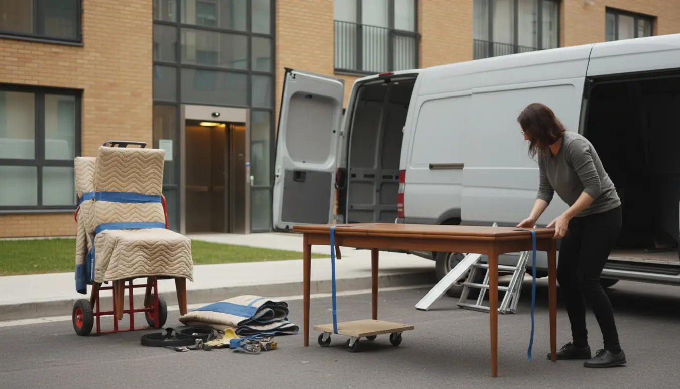 Flyttefolk læsser et spisebord og fire stole ind i en flyttevogn foran en bolig med åben elevator.