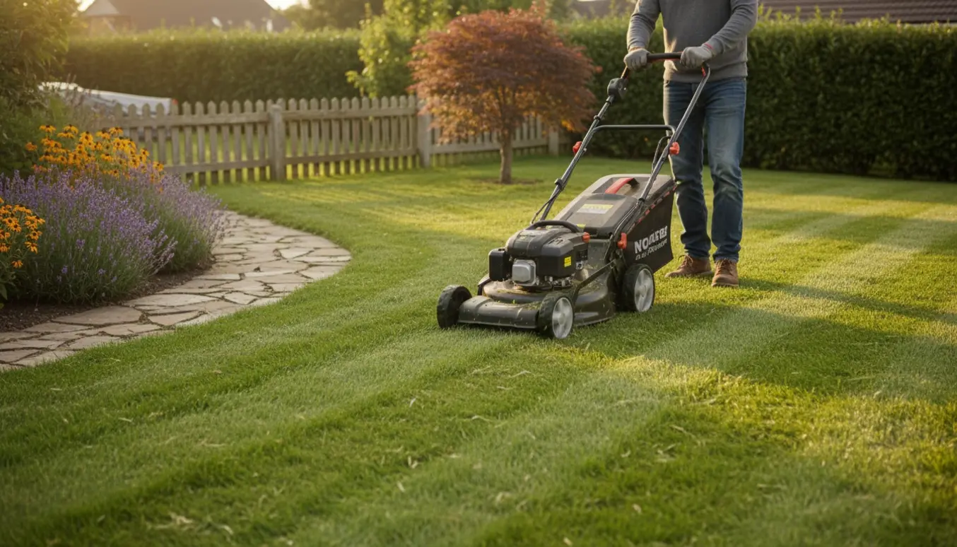 Person slår græsset med en plæneklipper på en let kuperet have med friske striber.
