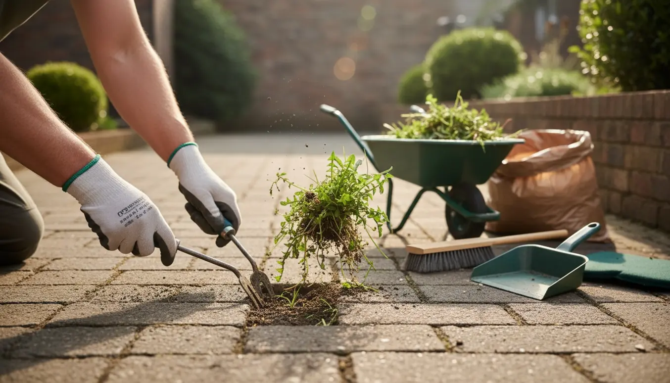 Nærbillede af handsker, der fjerner ukrudt mellem fliser på indkørsel og gård med trillebør og haveposer klar til bortskaffelse.