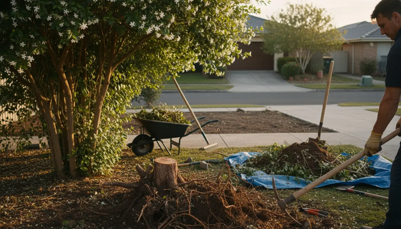 Store buske med blottede rødder trækkes op ved en indkørsel, klar til etablering af en ny carport.