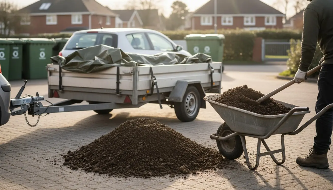 En trailer lastes med opgravet jord mens en hjælper skovler set bagfra.