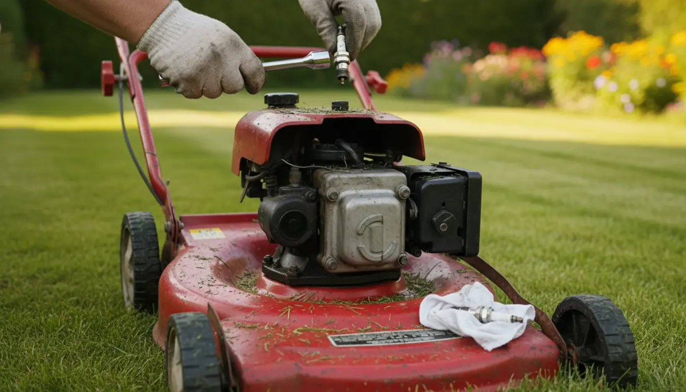 En ældre rød plæneklipper står midt i en delvist klippet have med motoråben, mens handsker holder et tændrør over dækket.